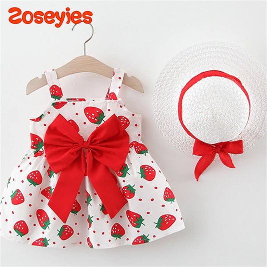 Baby Girl Strawberry Print Dress with Hat