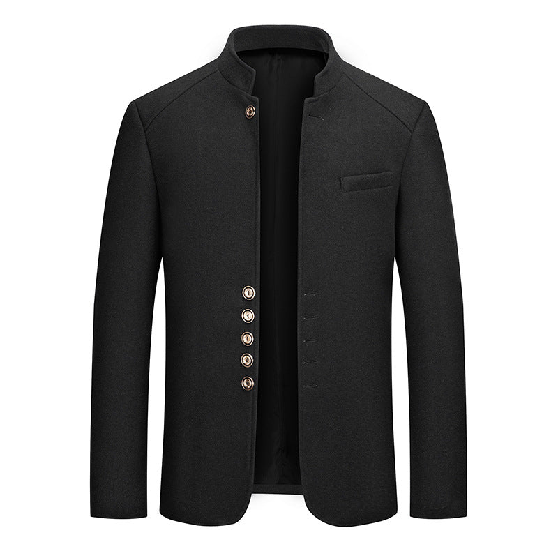 Mens Wool Tweed Zhongshan Suit With A Mandarin Collar For A Refined Tailored Look