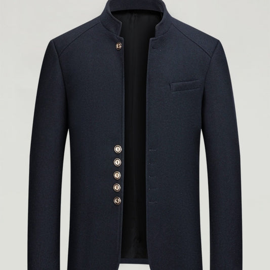 Mens Wool Tweed Zhongshan Suit With A Mandarin Collar For A Refined Tailored Look